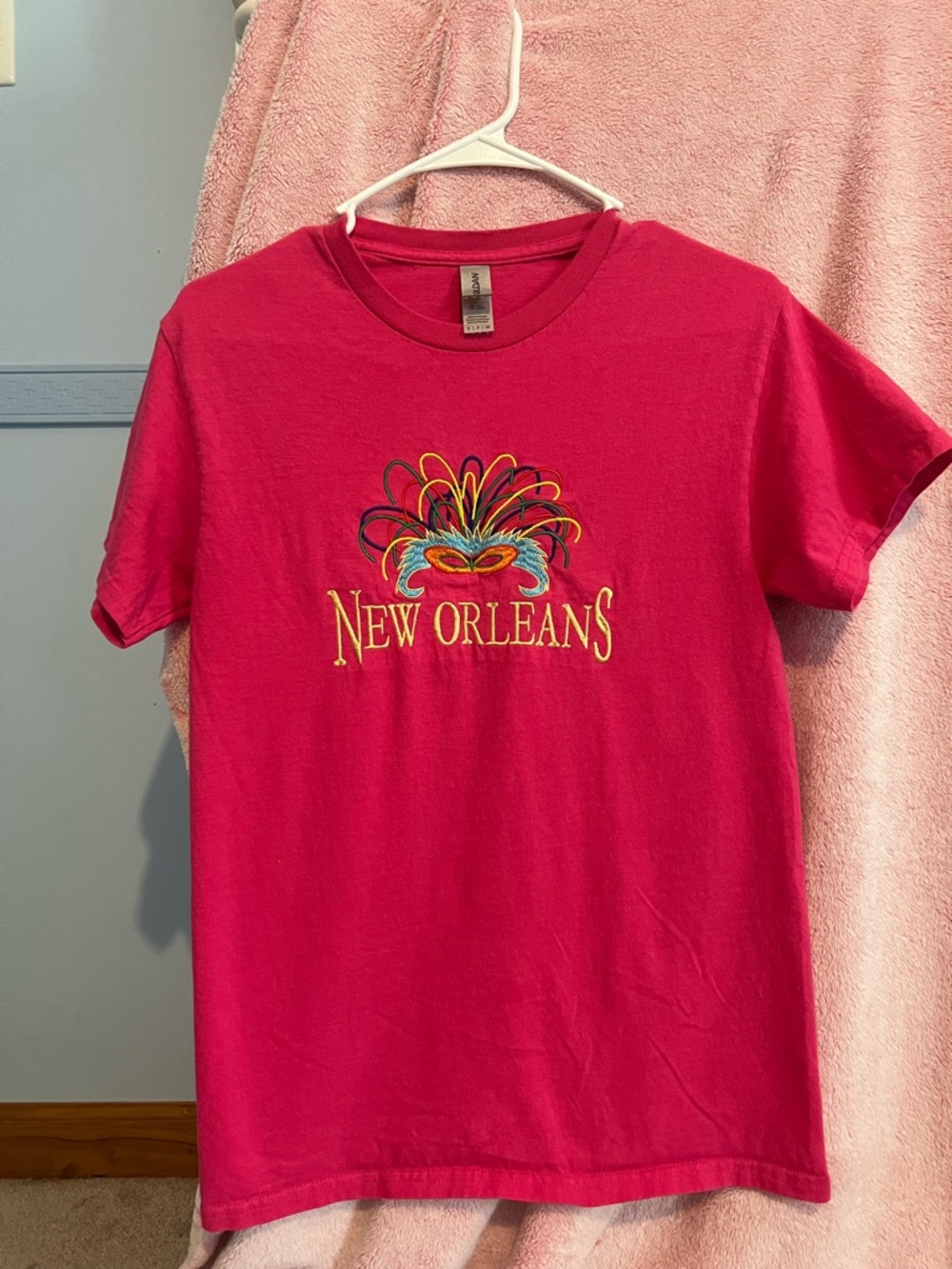 Hot Pink Embroidered New Orleans Mask Graphic Tee